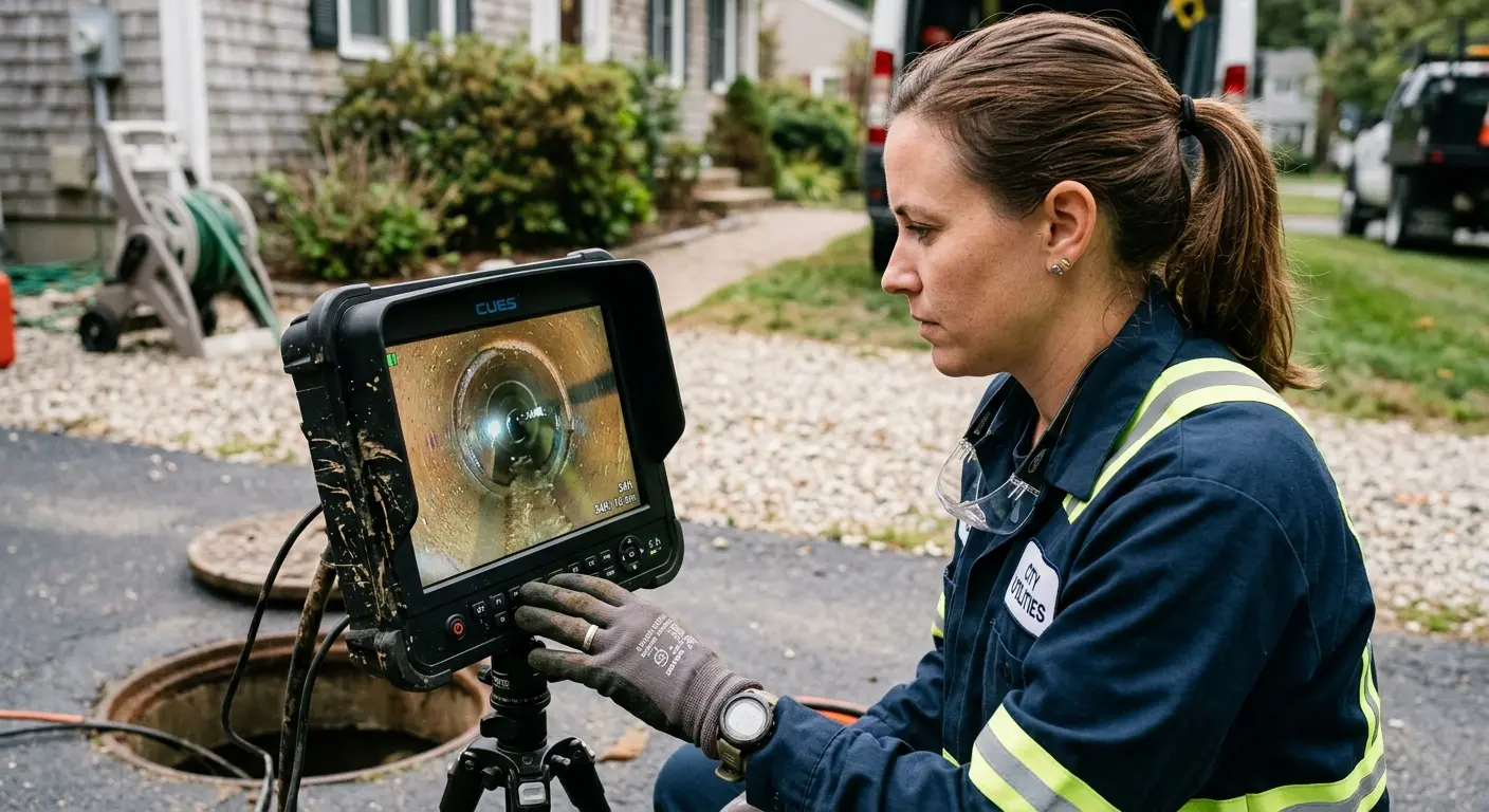 Technician reviewing sewer camera inspection footage in Black Forest