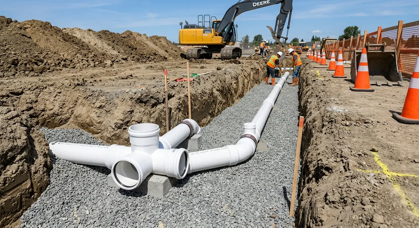 New PVC sewer pipe installation in open trench for Sewer Backup in Black Forest