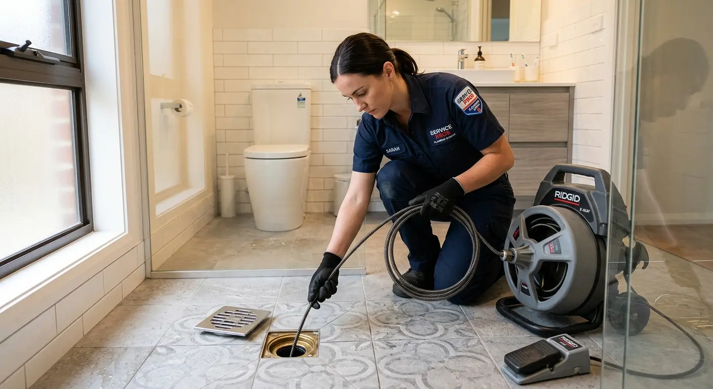 Technician clearing a bathroom floor drain for Sewer Line Replacement in Black Forest